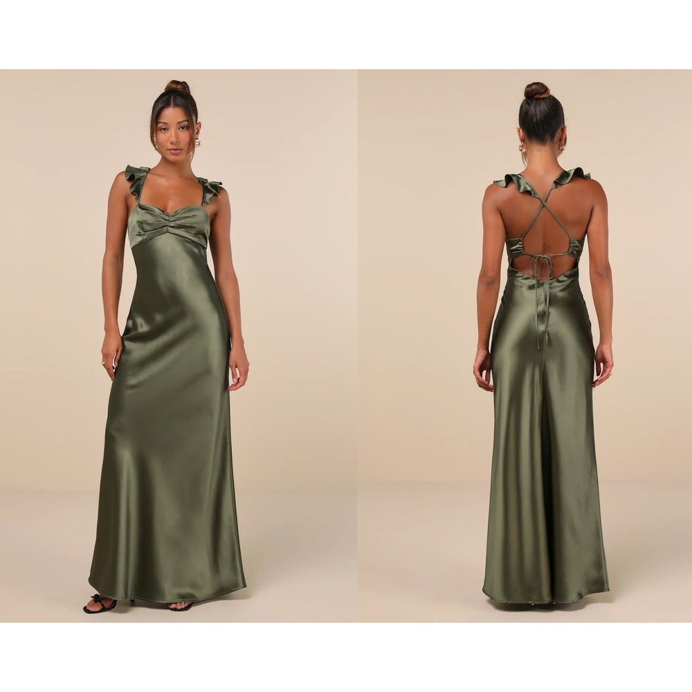 Lulus Exuberant Luxury Olive Green Satin Ruffled Lace-Up Maxi Dress Size Medium